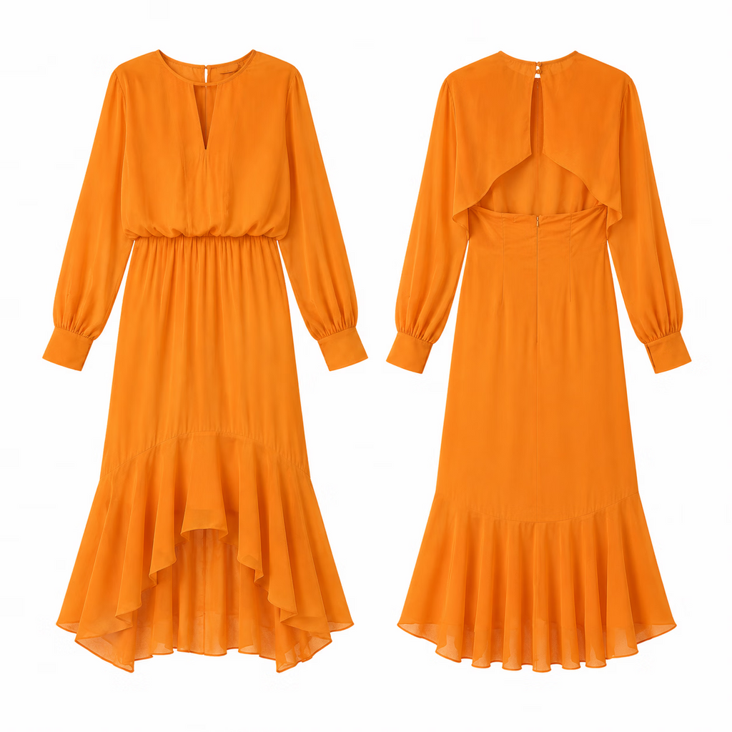 Elegant V-Neck Long-Sleeve Asymmetric Hem High Waist Midi Dress