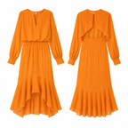 Elegant V-Neck Long-Sleeve Asymmetric Hem High Waist Midi Dress