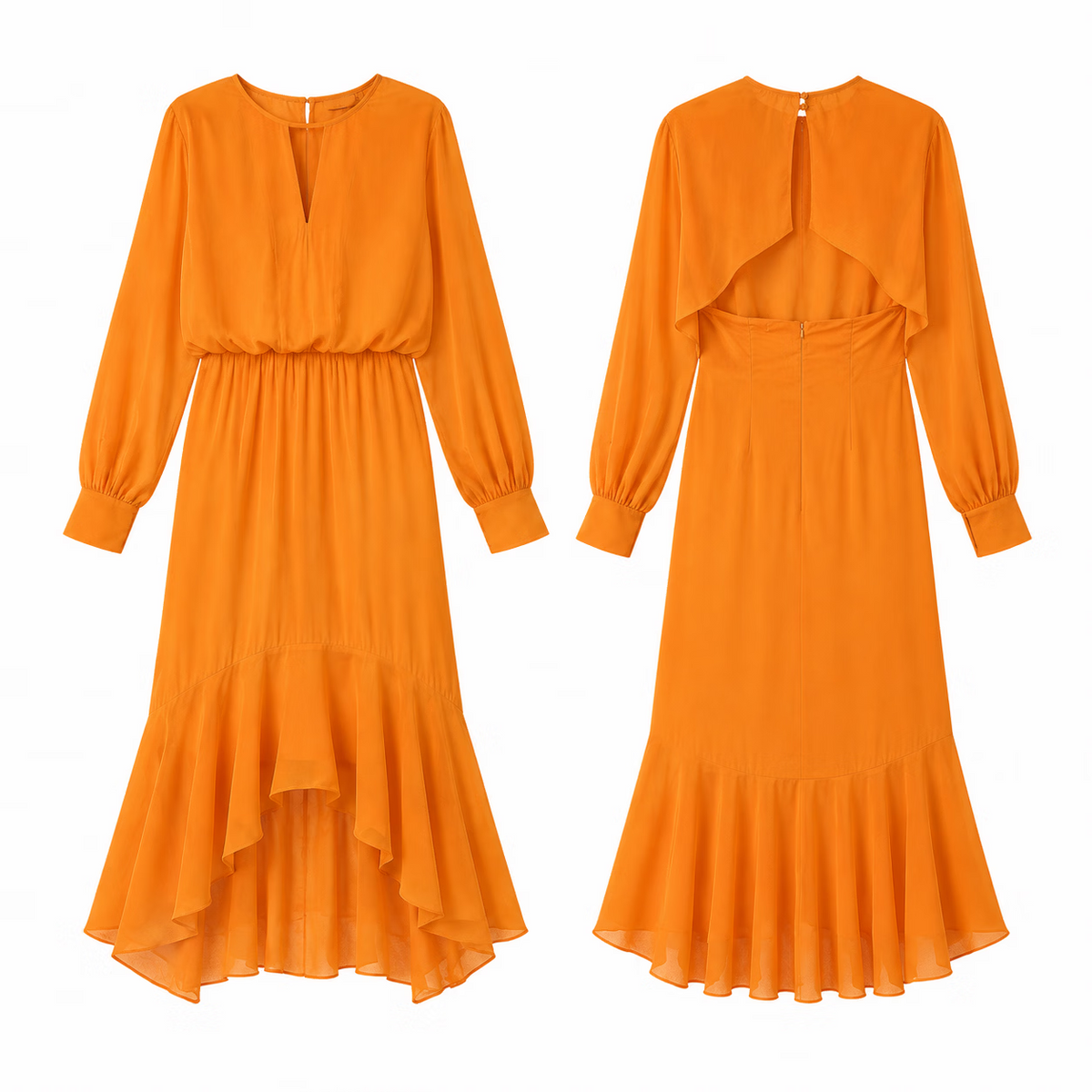 Elegant V-Neck Long-Sleeve Asymmetric Hem High Waist Midi Dress