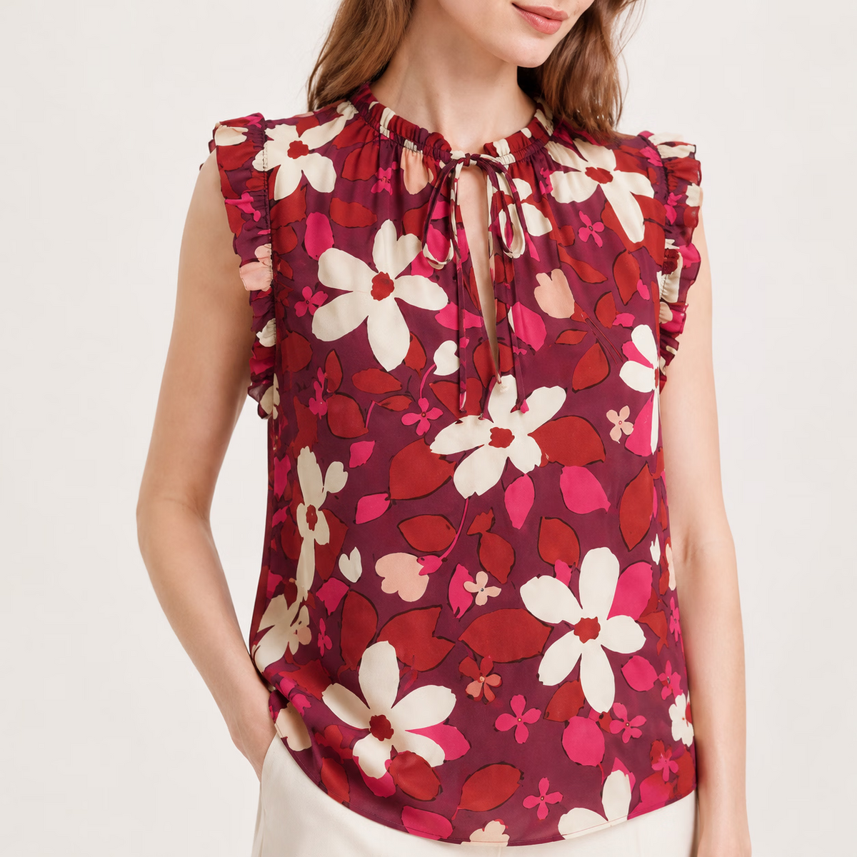 Ruffle Trim Floral Print Sleeveless Blouse
