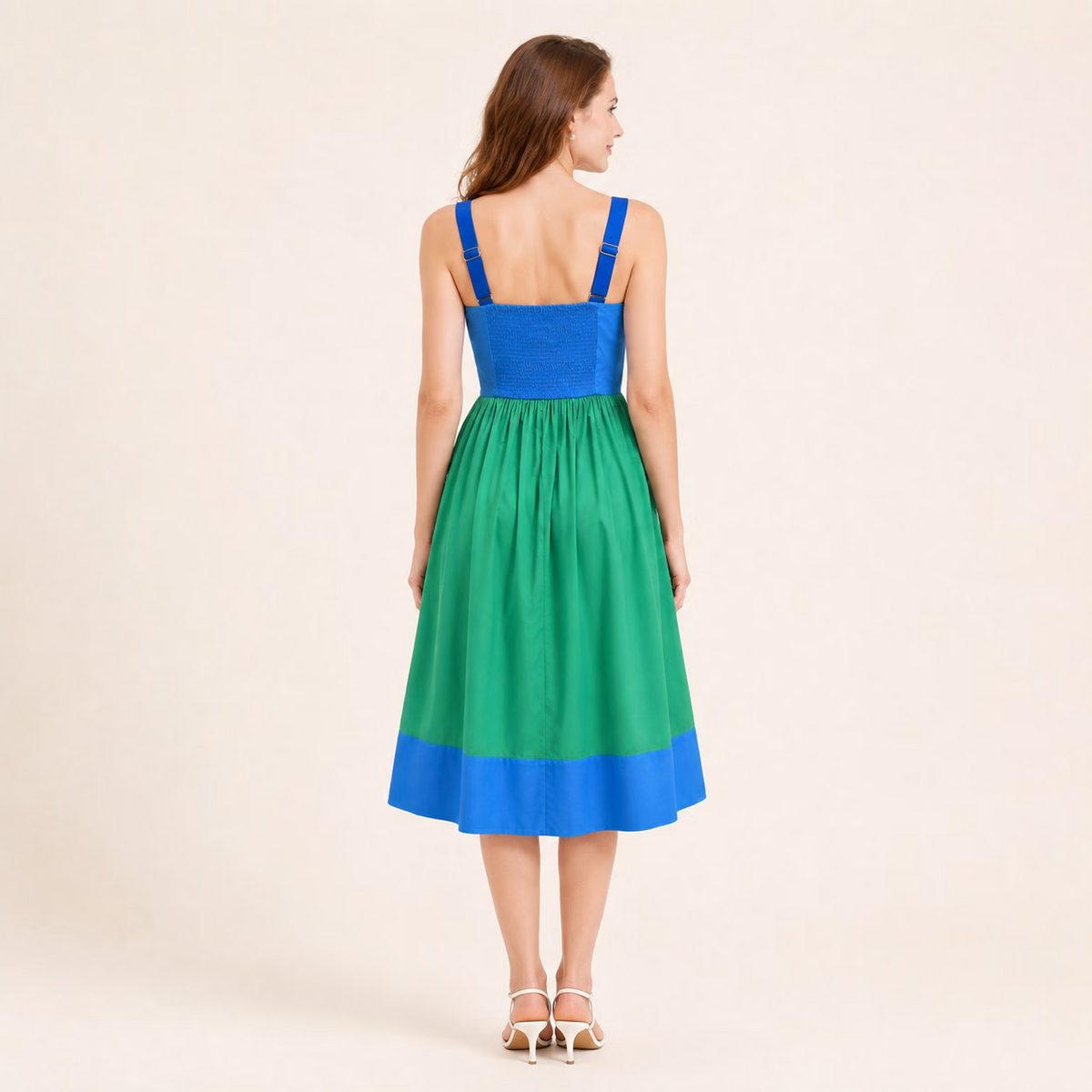 Vintage Color-Block Square Neck Pure Cotton Sleeveless Midi Dress