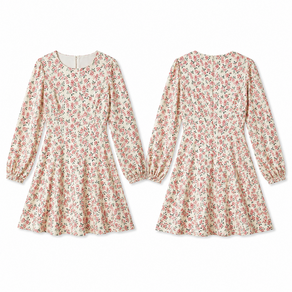 Vintage Floral Print Long Sleeve Midi Dress