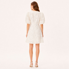 Elegant Jacquard V Neck Puff Sleeve High Waist Midi Dress