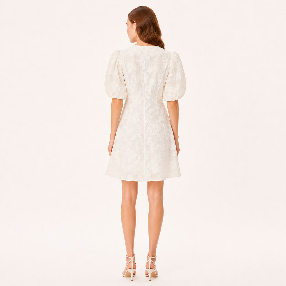 Elegant Jacquard V Neck Puff Sleeve High Waist Midi Dress