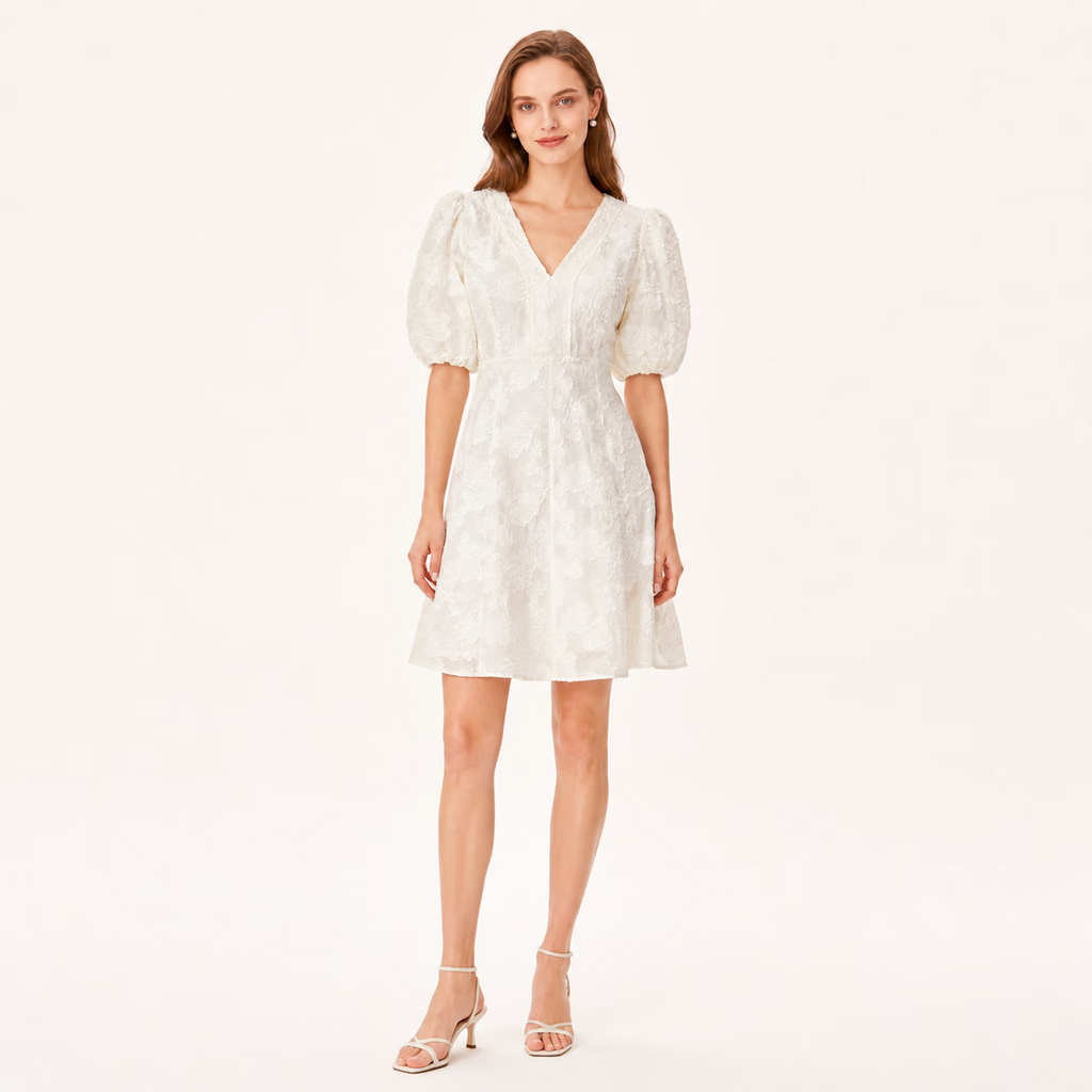Elegant Jacquard V Neck Puff Sleeve High Waist Midi Dress