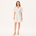 Elegant Jacquard V Neck Puff Sleeve High Waist Midi Dress