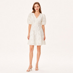Elegant Jacquard V Neck Puff Sleeve High Waist Midi Dress