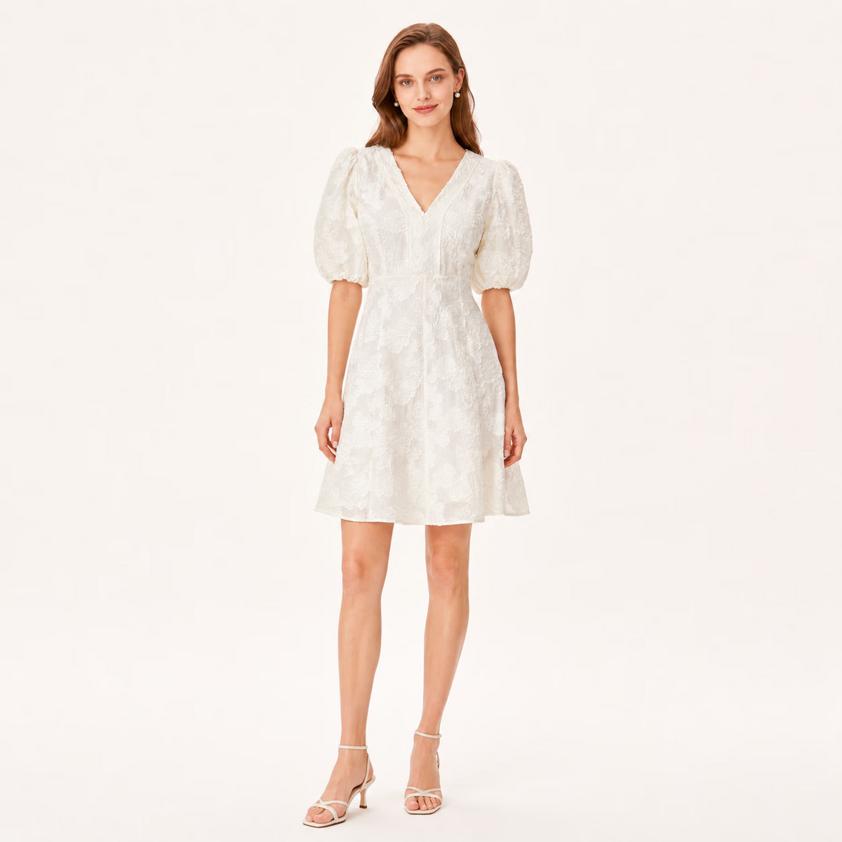 Elegant Jacquard V Neck Puff Sleeve High Waist Midi Dress