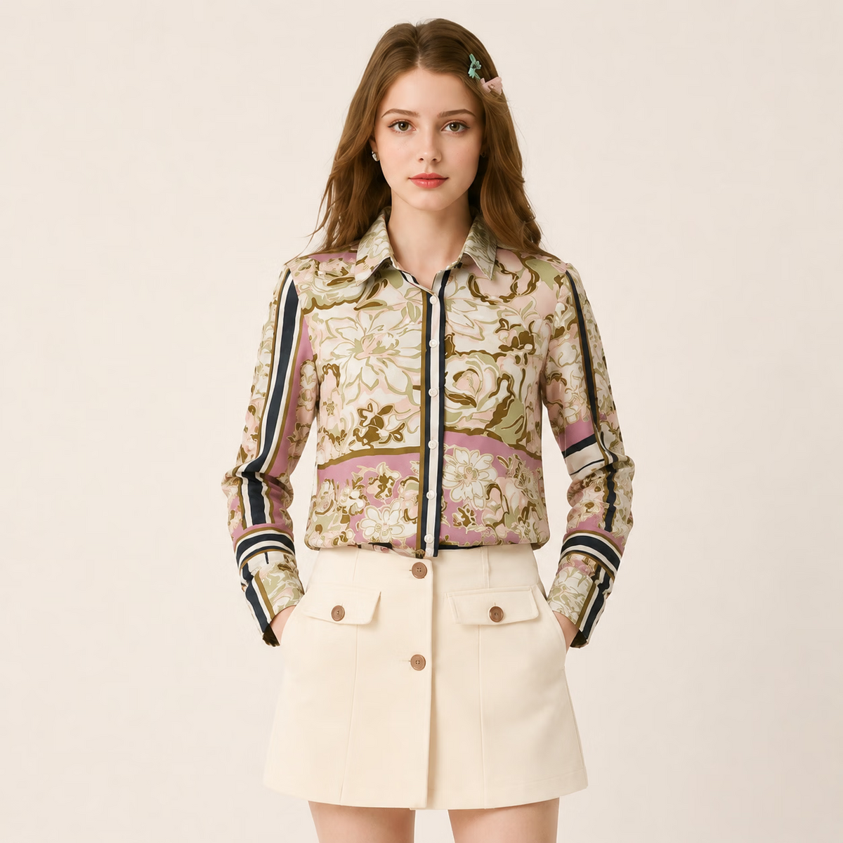 Floral Print Long Sleeve Button Up Blouse