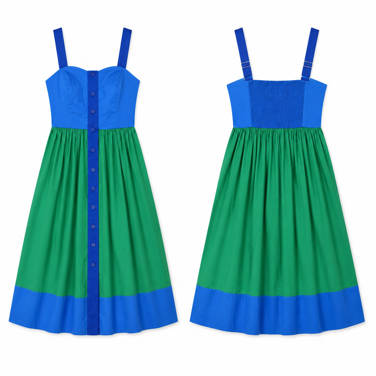 Vintage Color-Block Square Neck Pure Cotton Sleeveless Midi Dress