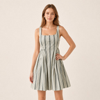 Summer Vintage Striped Square Neck Sleeveless A-Line Midi Dress