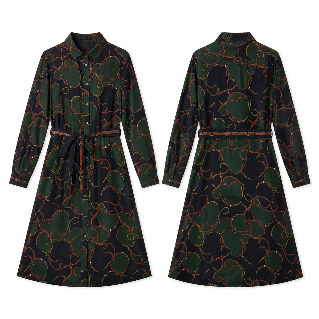 Vintage Chain Print Long Sleeve Belted Midi Dress