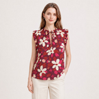 Ruffle Trim Floral Print Sleeveless Blouse