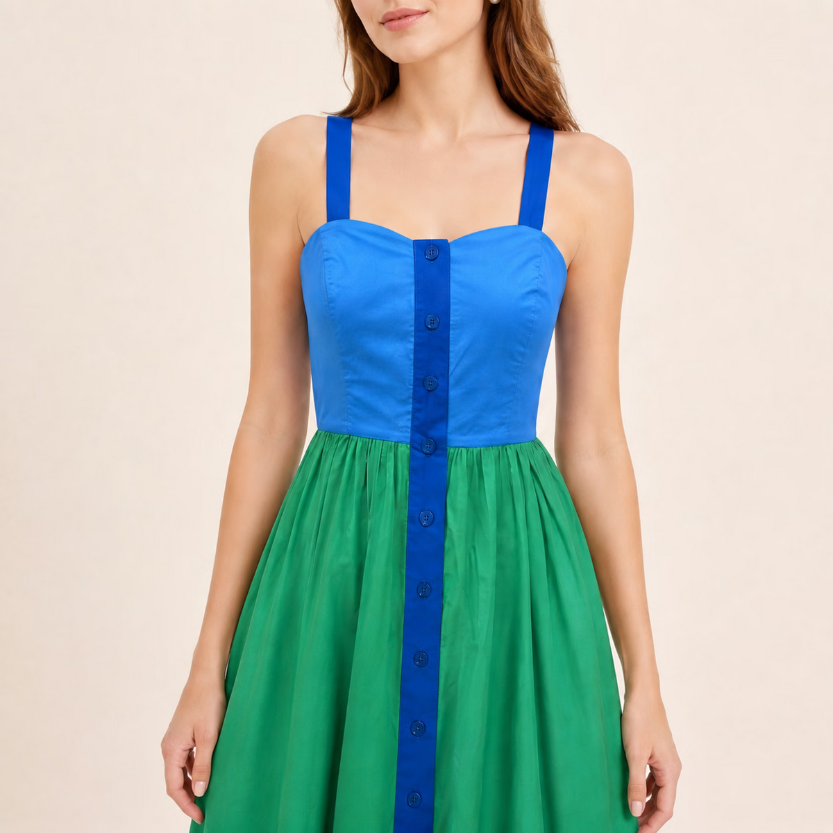 Vintage Color-Block Square Neck Pure Cotton Sleeveless Midi Dress