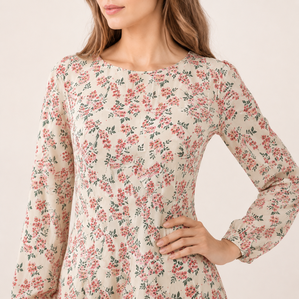 Vintage Floral Print Long Sleeve Midi Dress