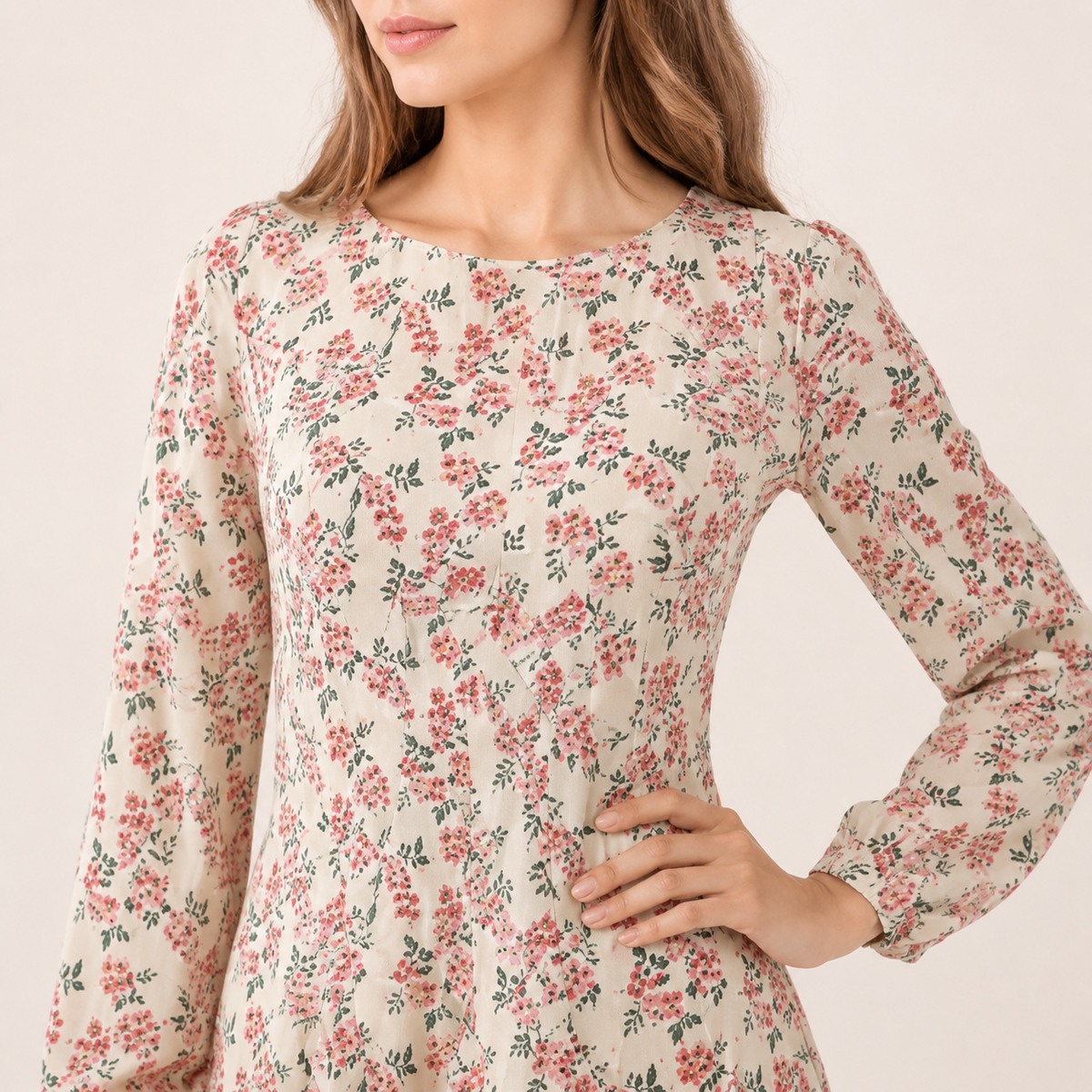 Vintage Floral Print Long Sleeve Midi Dress