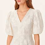 Elegant Jacquard V Neck Puff Sleeve High Waist Midi Dress