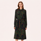 Vintage Chain Print Long Sleeve Belted Midi Dress