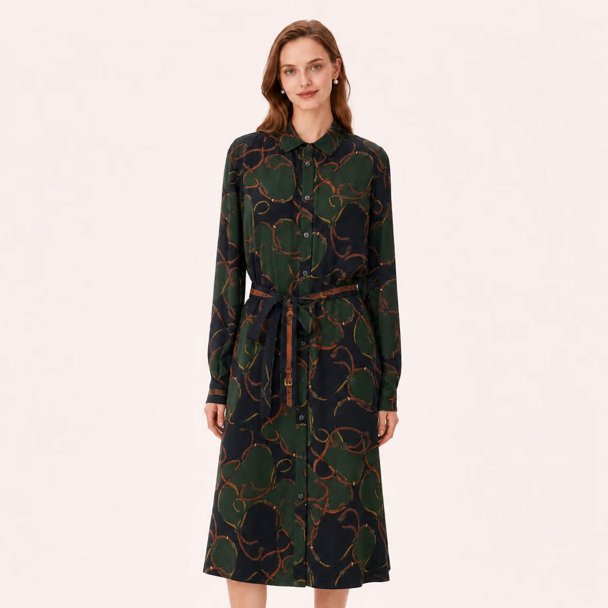 Vintage Chain Print Long Sleeve Belted Midi Dress