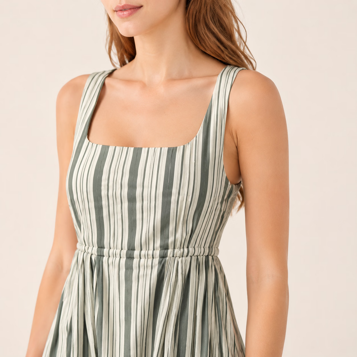 Summer Vintage Striped Square Neck Sleeveless A-Line Midi Dress