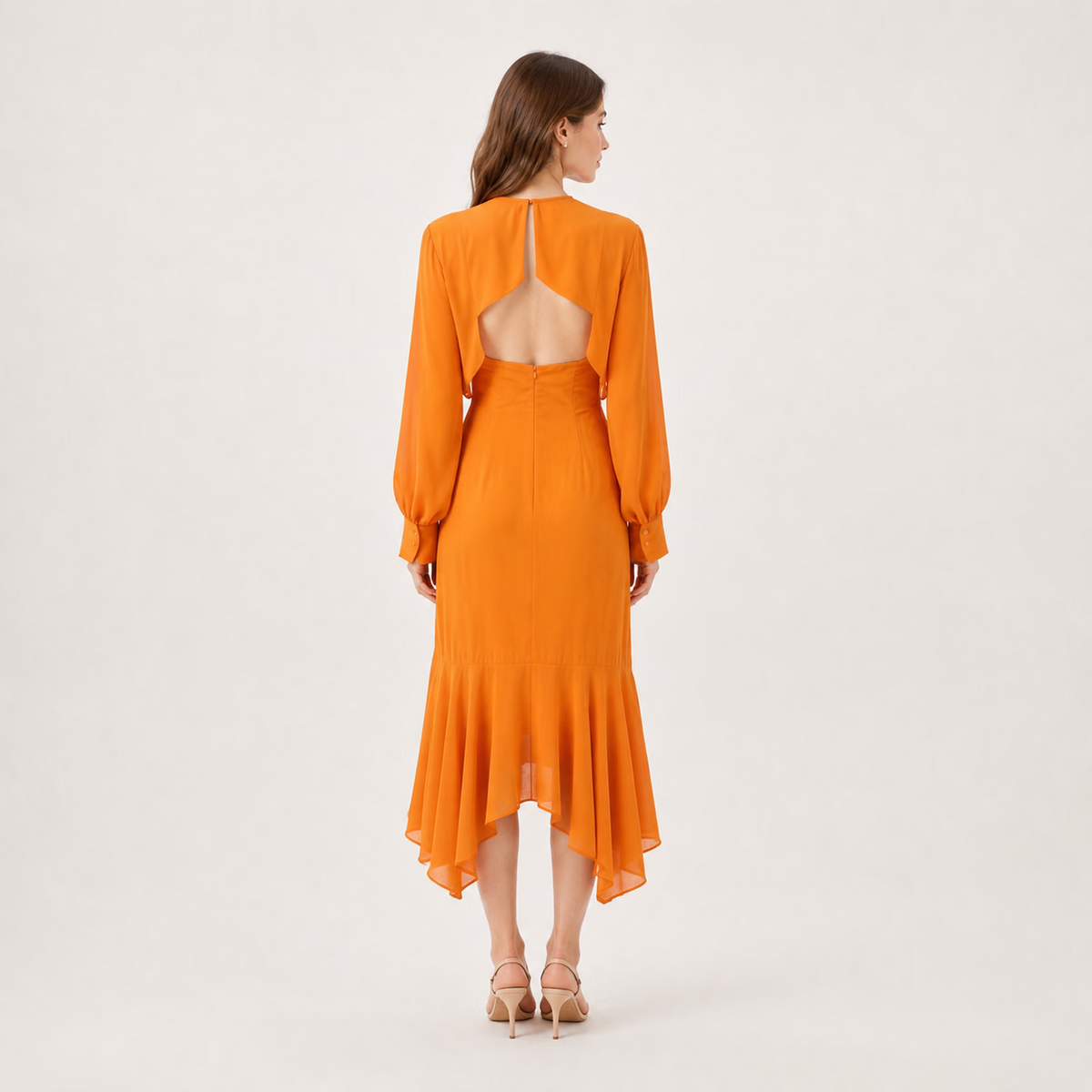 Elegant V-Neck Long-Sleeve Asymmetric Hem High Waist Midi Dress