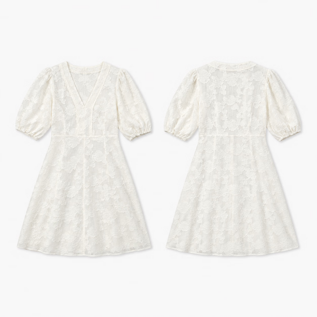 Elegant Jacquard V Neck Puff Sleeve High Waist Midi Dress