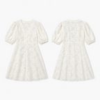 Elegant Jacquard V Neck Puff Sleeve High Waist Midi Dress