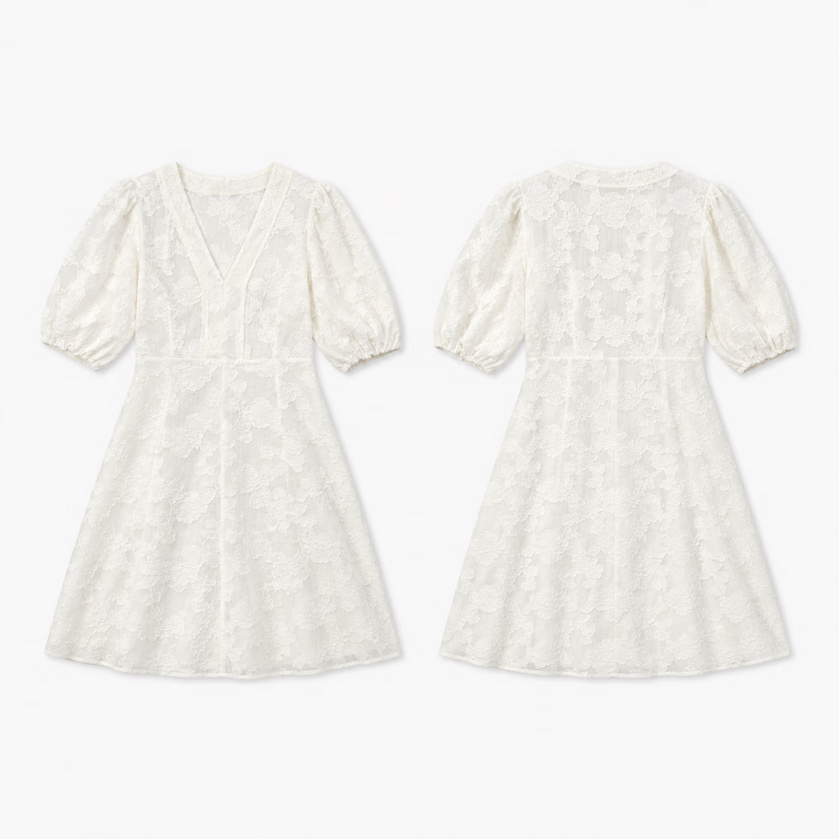 Elegant Jacquard V Neck Puff Sleeve High Waist Midi Dress