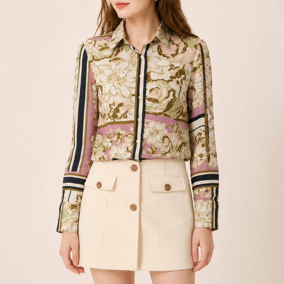 Floral Print Long Sleeve Button Up Blouse
