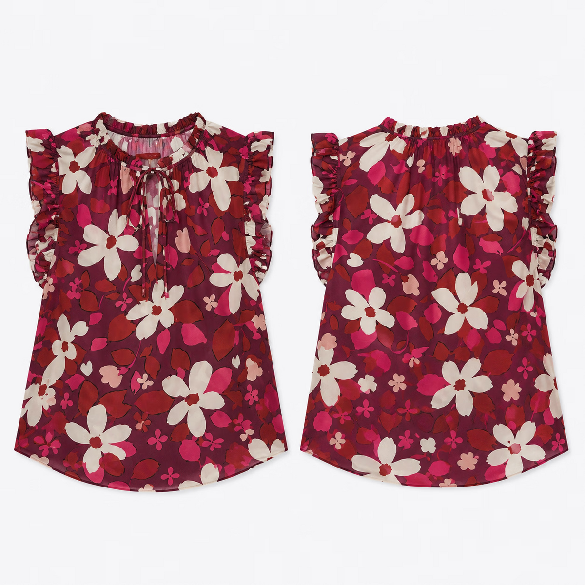 Ruffle Trim Floral Print Sleeveless Blouse