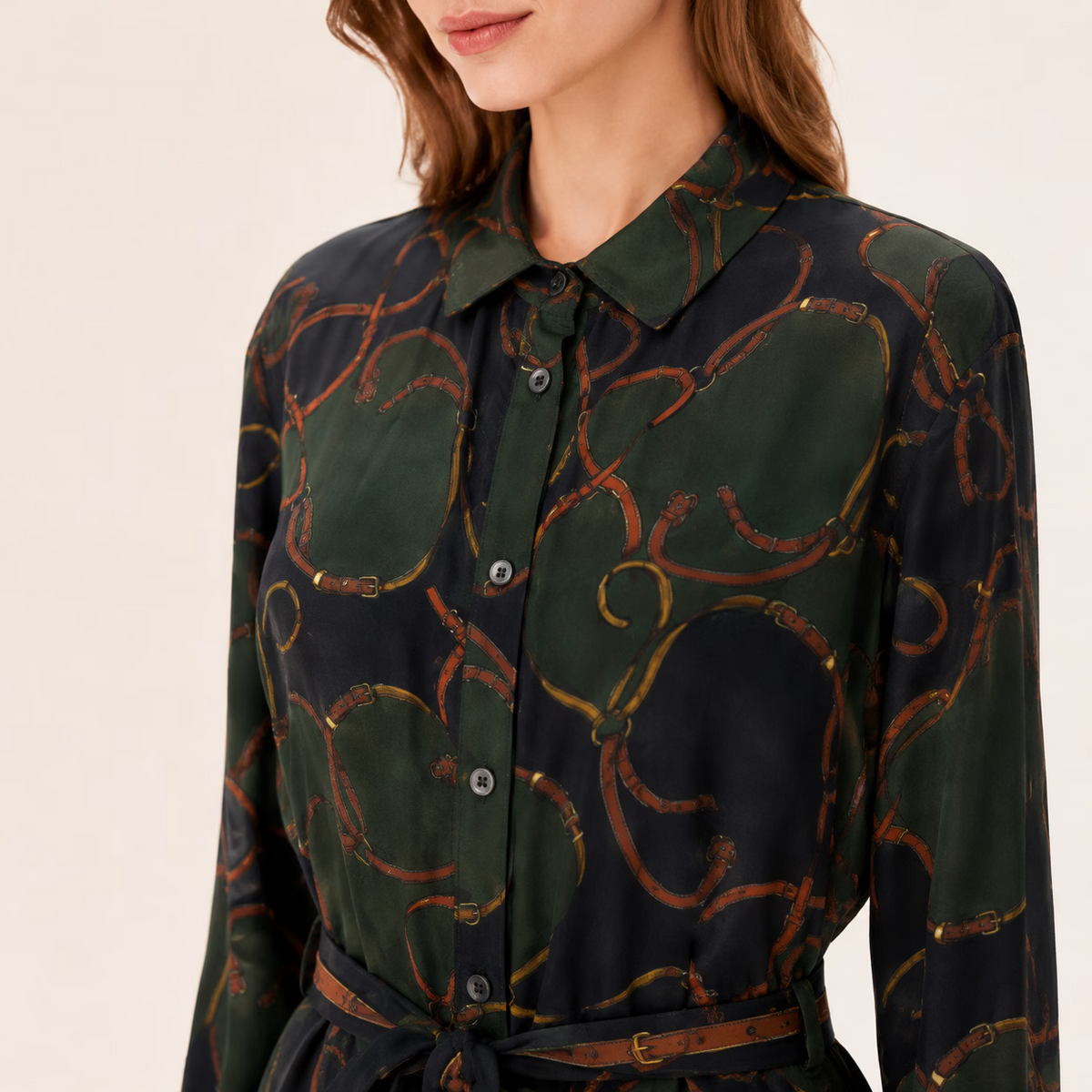 Vintage Chain Print Long Sleeve Belted Midi Dress