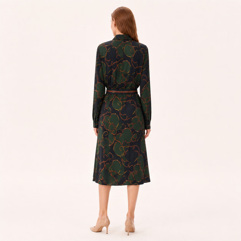 Vintage Chain Print Long Sleeve Belted Midi Dress
