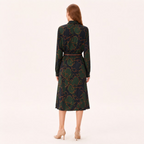 Vintage Chain Print Long Sleeve Belted Midi Dress