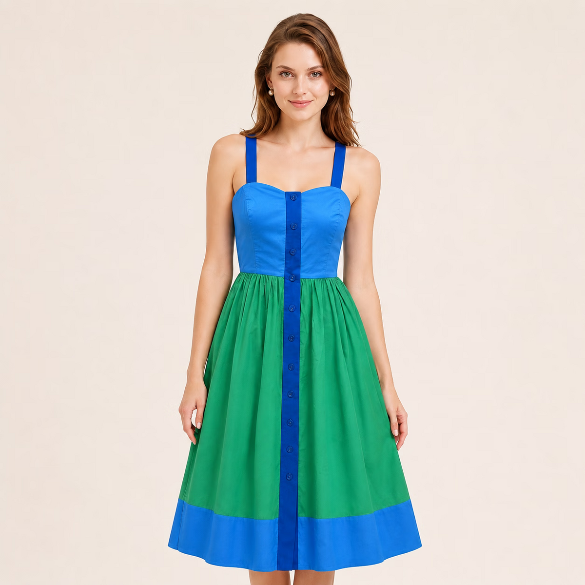 Vintage Color-Block Square Neck Pure Cotton Sleeveless Midi Dress