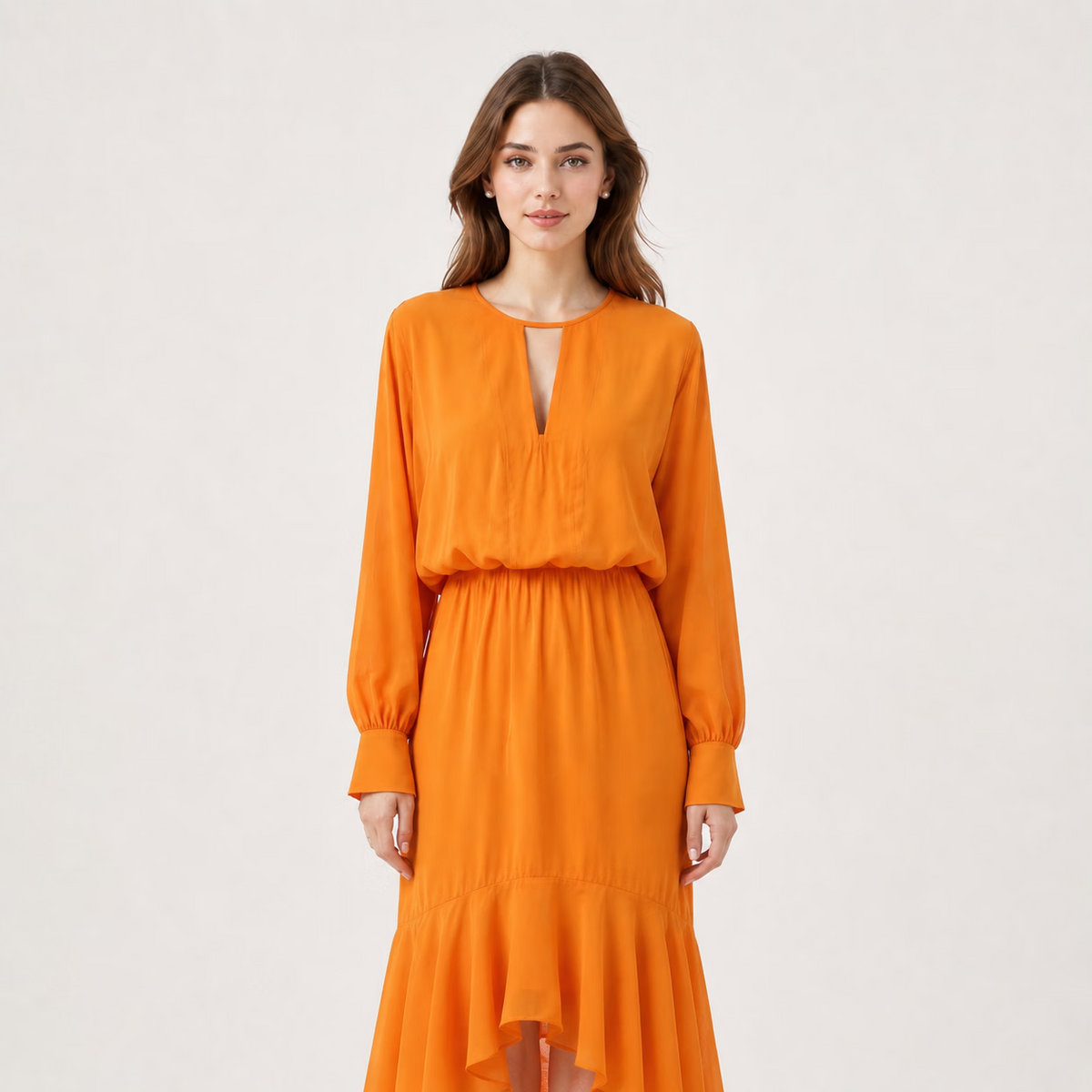 Elegant V-Neck Long-Sleeve Asymmetric Hem High Waist Midi Dress
