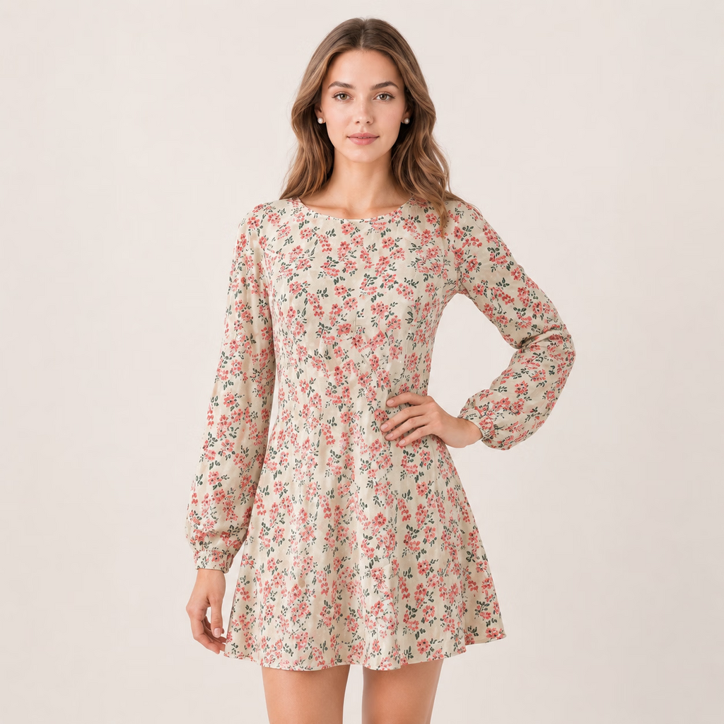Vintage Floral Print Long Sleeve Midi Dress