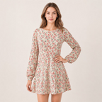 Vintage Floral Print Long Sleeve Midi Dress