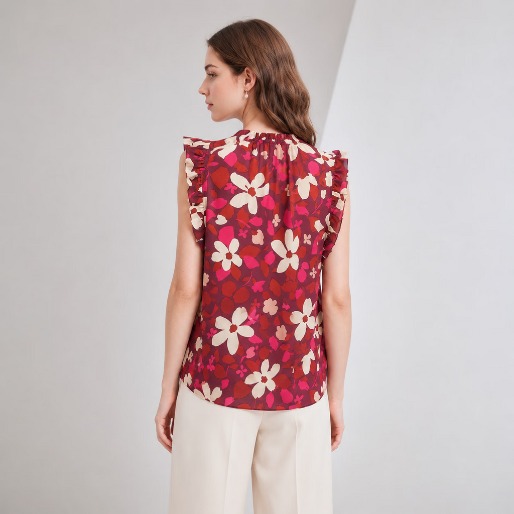 Ruffle Trim Floral Print Sleeveless Blouse