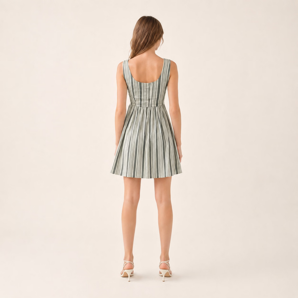 Summer Vintage Striped Square Neck Sleeveless A-Line Midi Dress