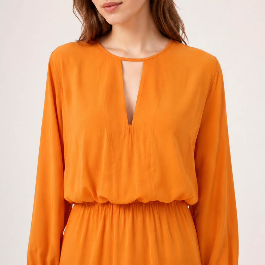 Elegant V-Neck Long-Sleeve Asymmetric Hem High Waist Midi Dress