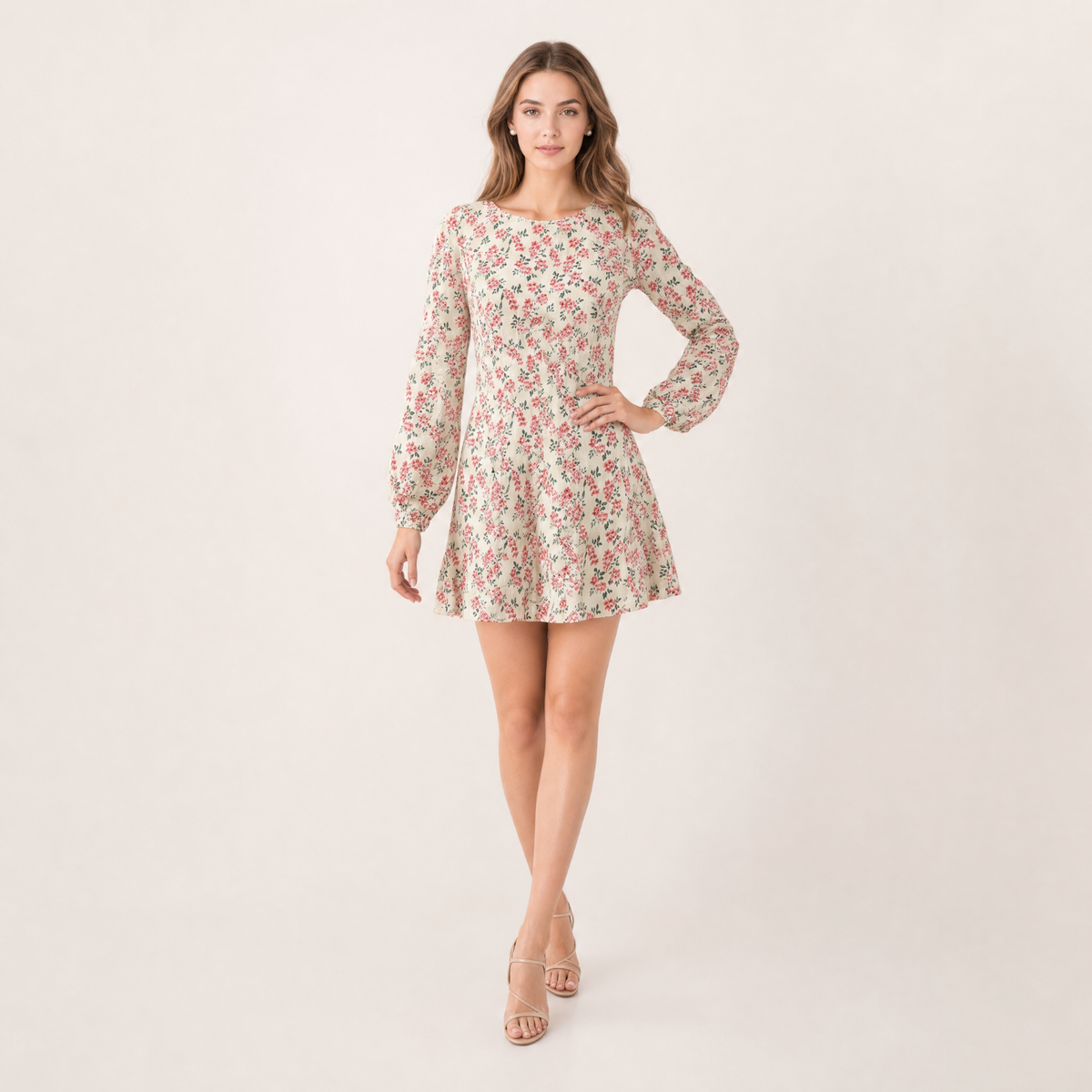 Vintage Floral Print Long Sleeve Midi Dress