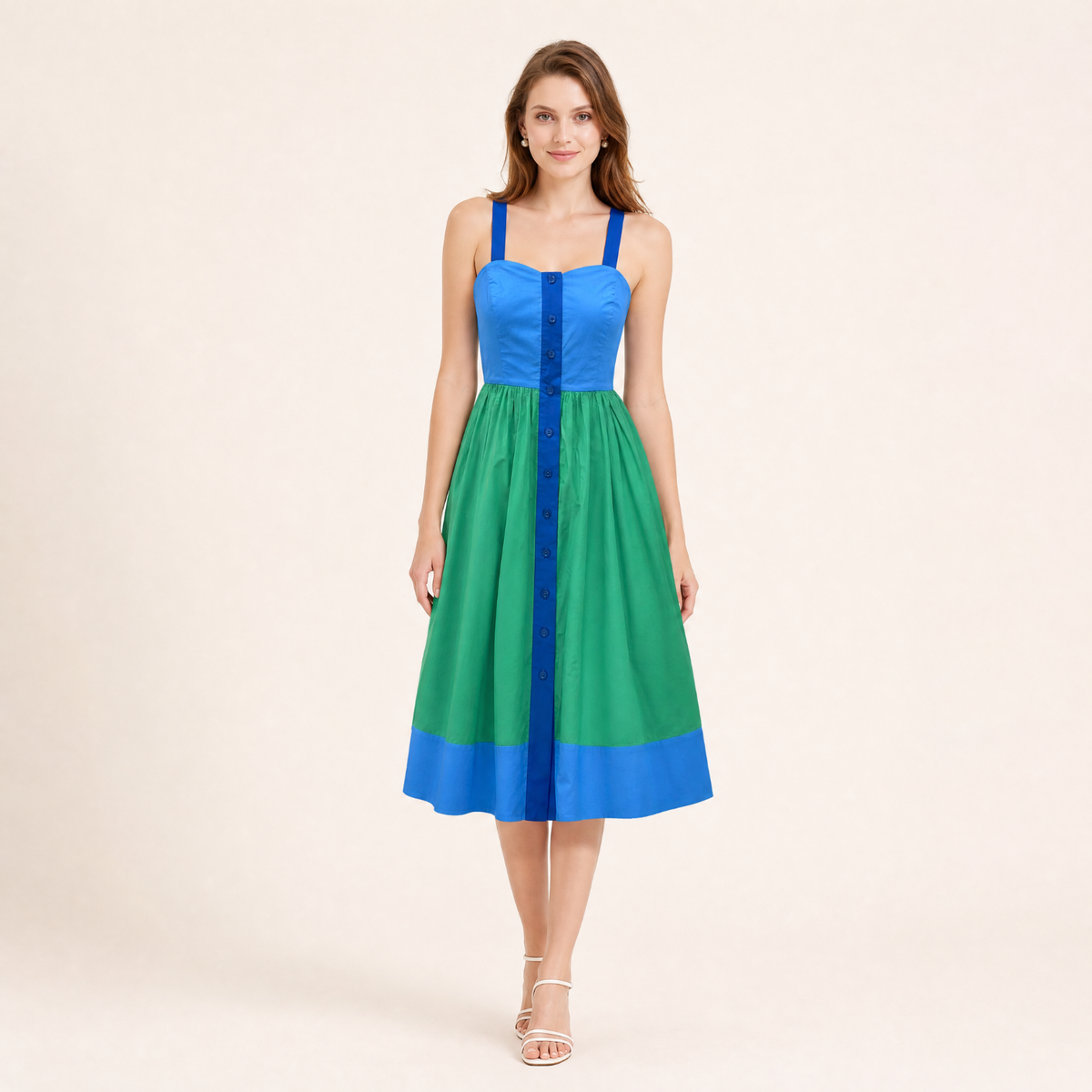 Vintage Color-Block Square Neck Pure Cotton Sleeveless Midi Dress