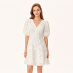 Elegant Jacquard V Neck Puff Sleeve High Waist Midi Dress