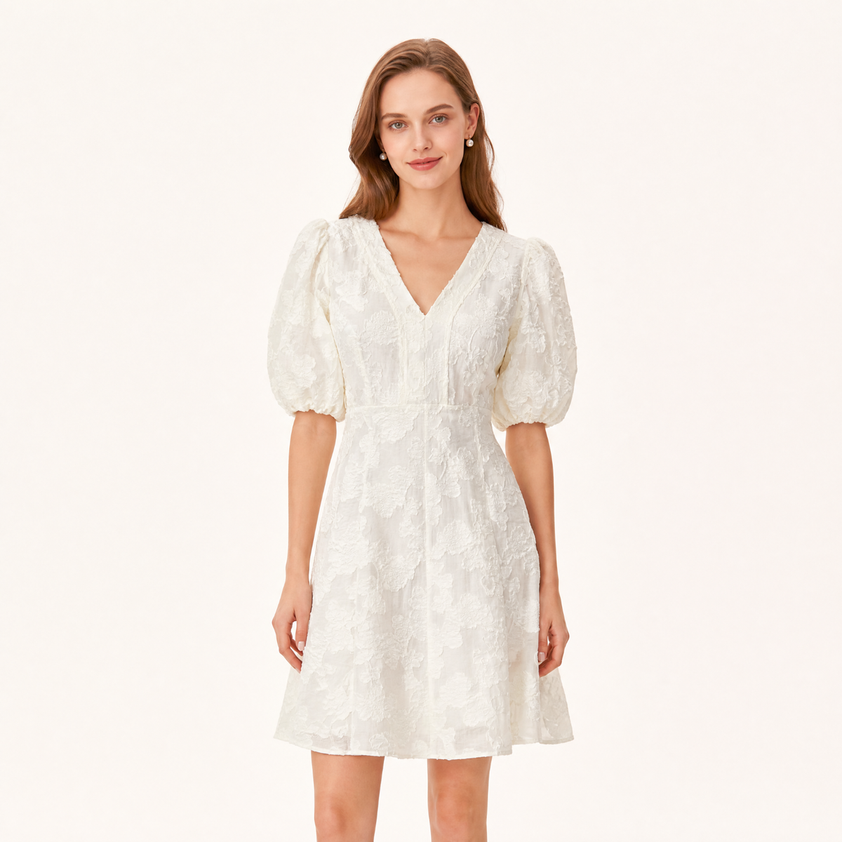 Elegant Jacquard V Neck Puff Sleeve High Waist Midi Dress