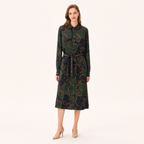 Vintage Chain Print Long Sleeve Belted Midi Dress
