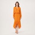 Elegant V-Neck Long-Sleeve Asymmetric Hem High Waist Midi Dress