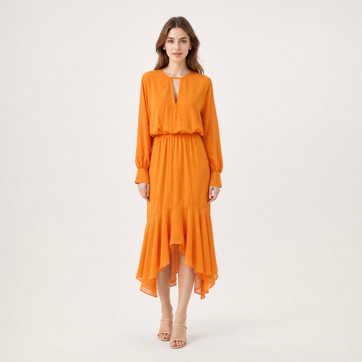 Elegant V-Neck Long-Sleeve Asymmetric Hem High Waist Midi Dress