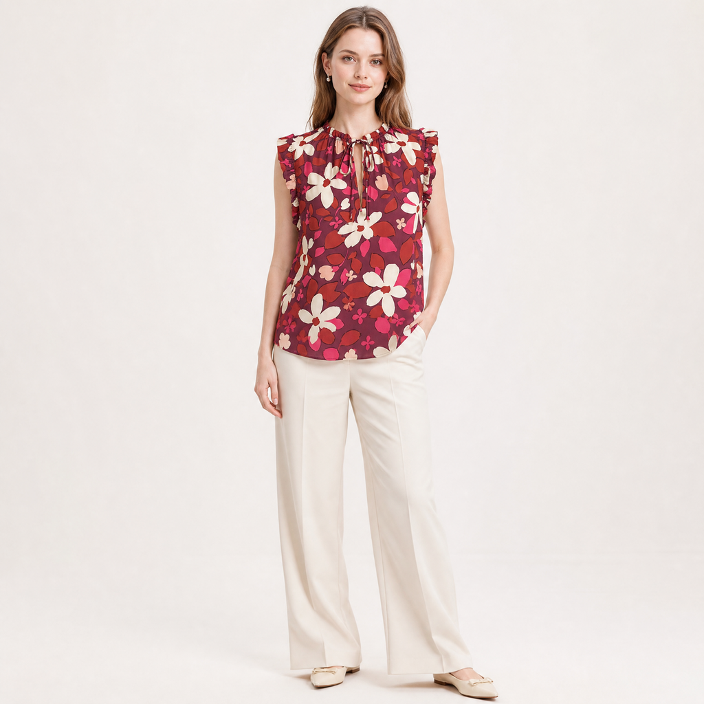 Ruffle Trim Floral Print Sleeveless Blouse