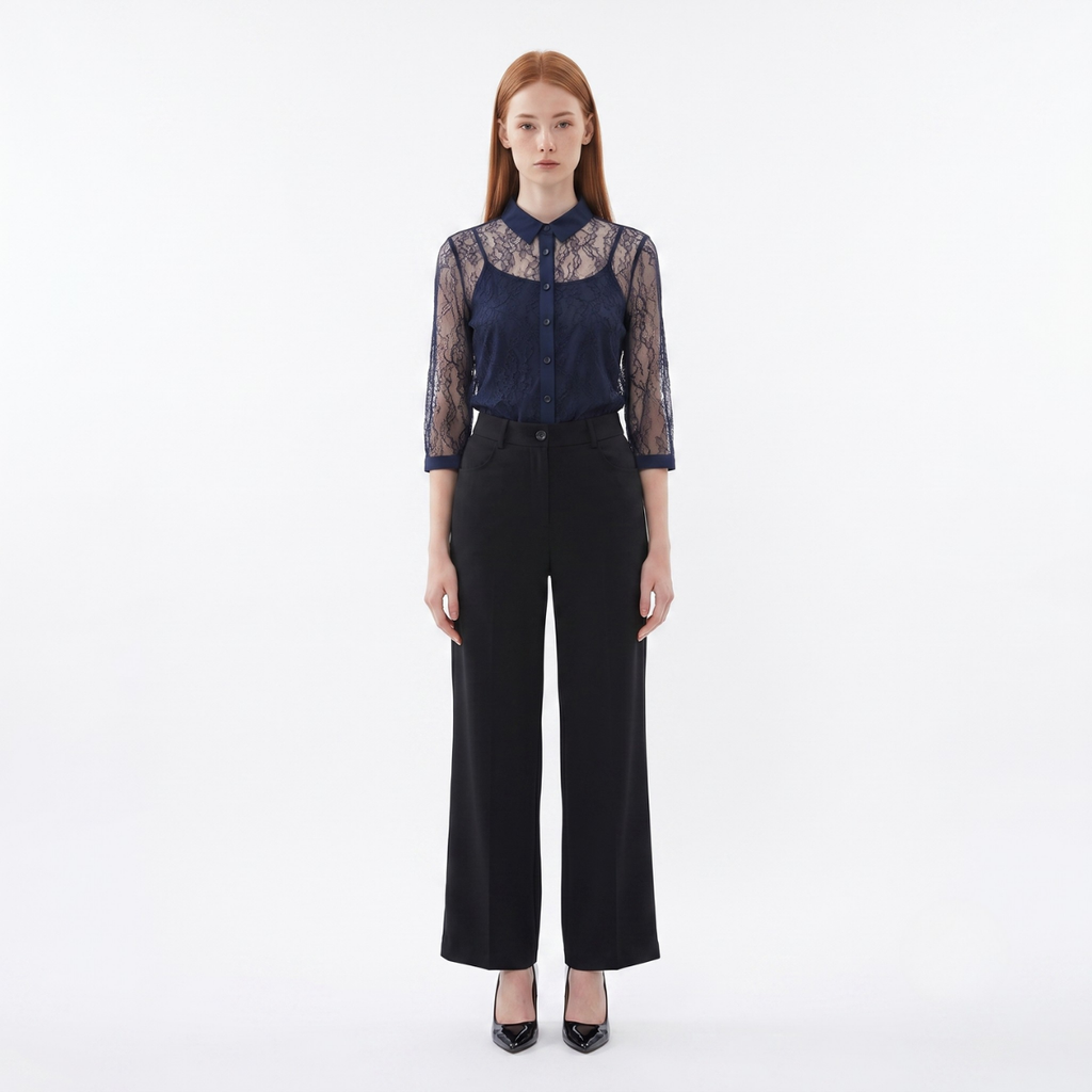Navy Blue 3/4 Sleeve Lace Blouse with Inner Camisole