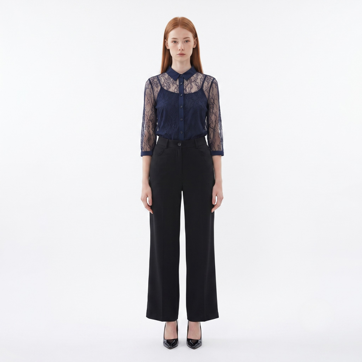 Navy Blue 3/4 Sleeve Lace Blouse with Inner Camisole